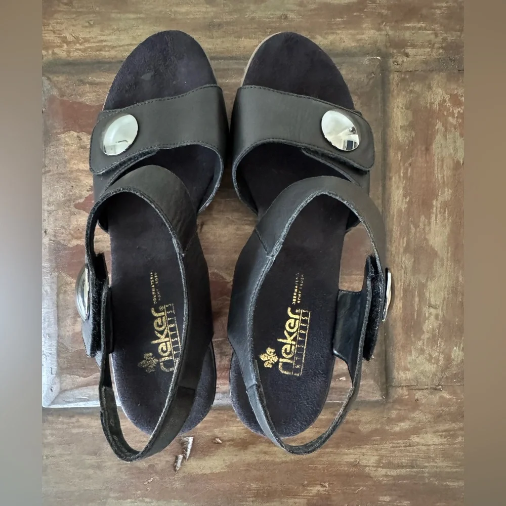 Rieker Aileen 69 black leather sandals adjustable straps block heel women 10‎